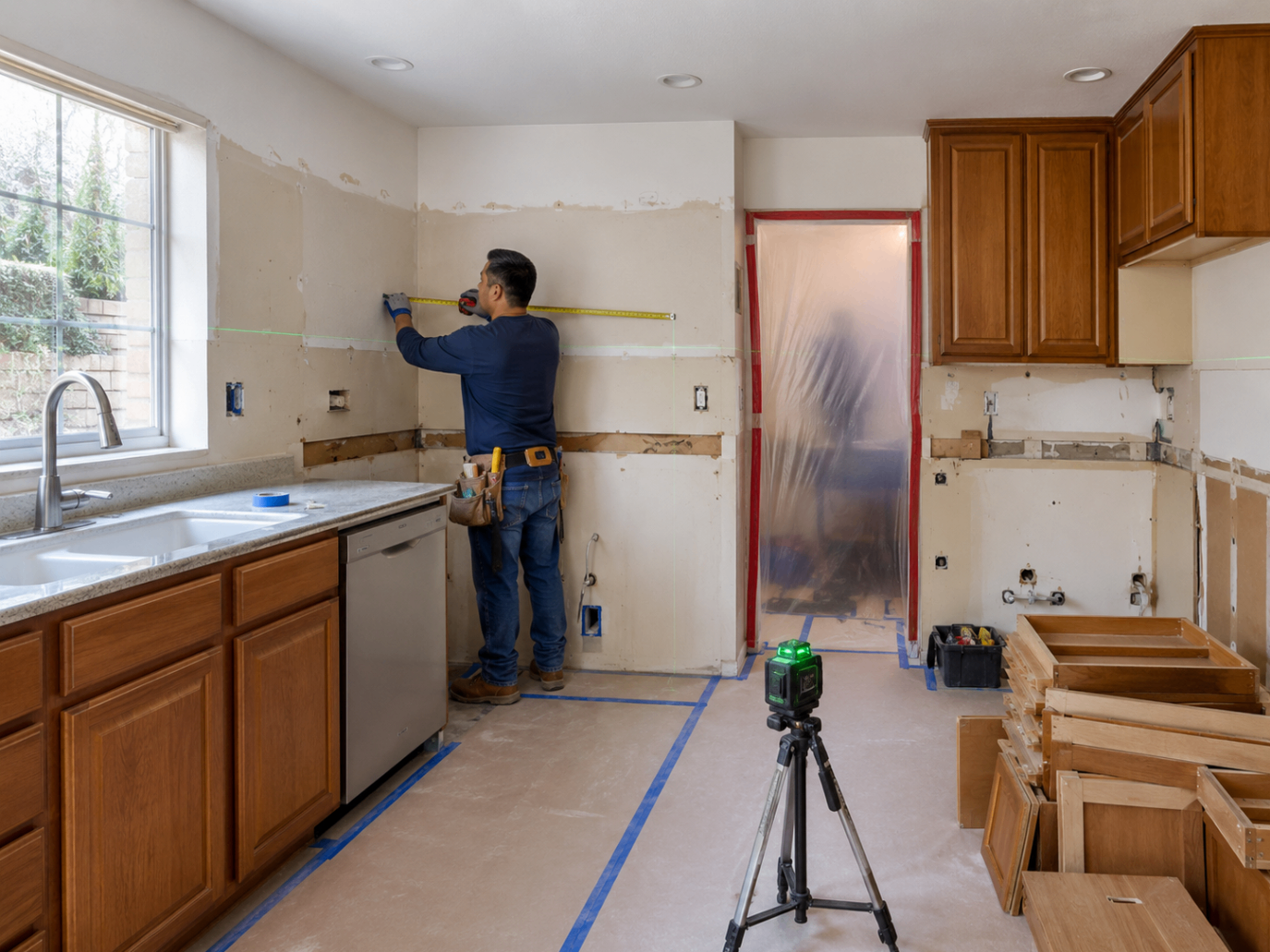 Laser level measuring in a kitchen