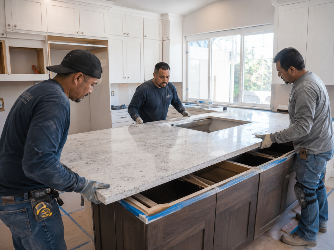 Setting a marble countertop on the island